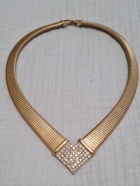Vintage Signed Gold-Tone Pave Chevron Statement Necklace by TAT